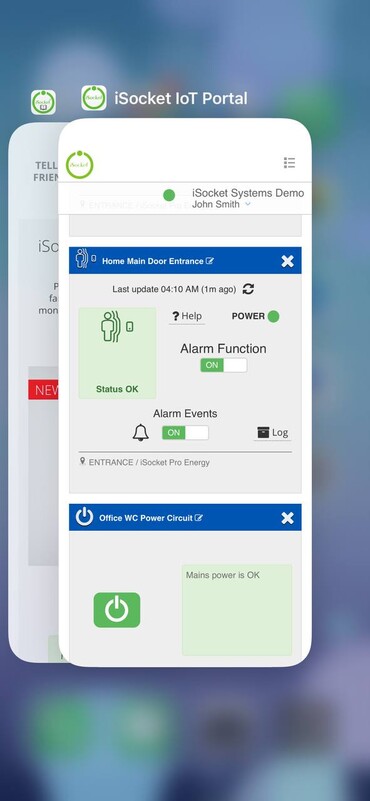 iSocket iPhone app shows front door alarm status.